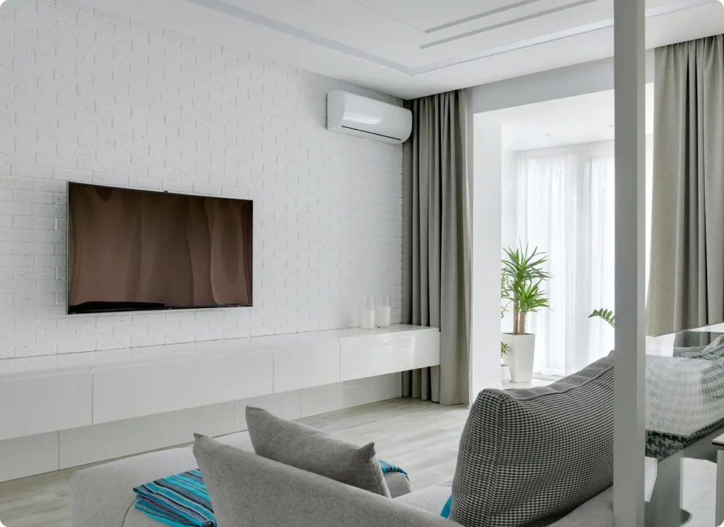 Modern heat pump providing heating and cooling in family home
